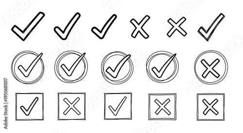 hand drawn check marks and crosses symbols in various doodle styles perfect for ux ui design checklists surveys and voting graphics.