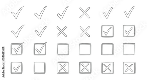 hand drawn checkmark and cross symbols set illustrating approval and denial states for user interface and questionnaire designs ideal for modern ui kits.