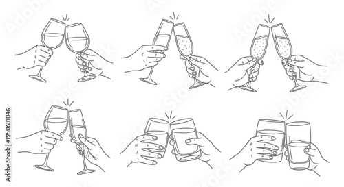 hands clinking various drink glasses in a festive cheers toast line art illustration ideal for celebration events and graphic design