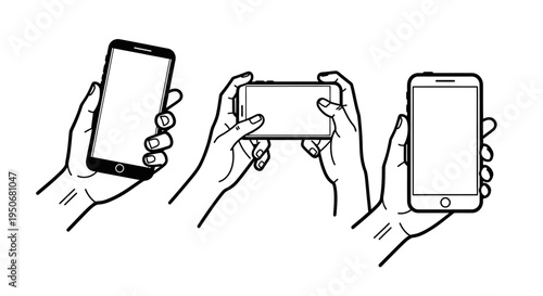 hands holding smartphones in various orientations illustrating common mobile device usage and digital interaction concepts for app design