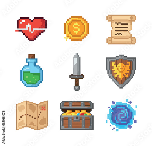 Set of pixel art style icons for fantasy role-playing games, including health, coin, scroll, potion, sword, shield, map, treasure chest, and magic