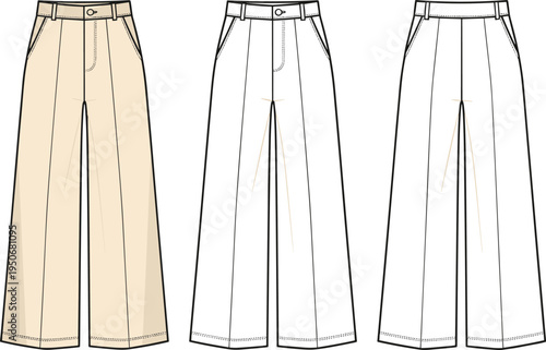 Women's Wide Leg Trousers Flat Vector Technical Sketch Template with Front and Back View