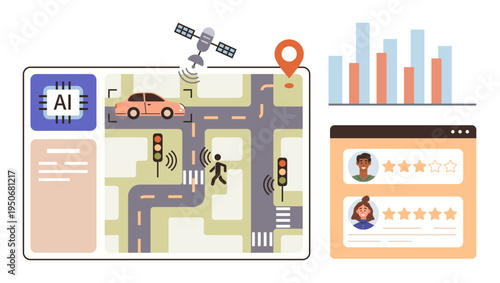 Smart cities, AI innovation, urban planning, transportation systems, data tracking, user feedback. Visual of AI-driven mapping, traffic lights a pedestrian and analytics. Smart cities and AI
