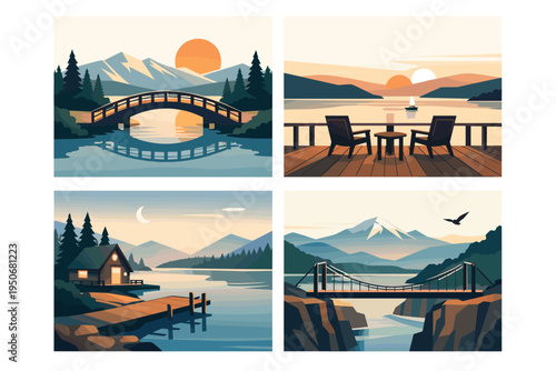 Scenic Landscape Illustration Set with Mountains, Lakes, Bridge, Cabin and Sunset Views