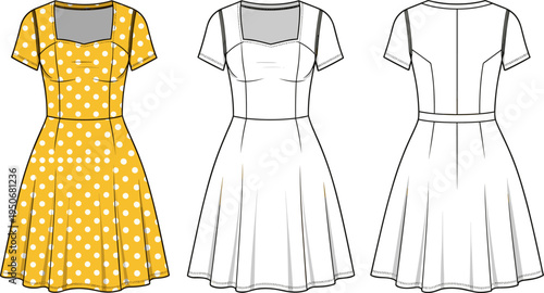 Yellow Polka Dot Dress Technical Flat Sketch, Sweetheart Neckline Fashion Template Vector Design