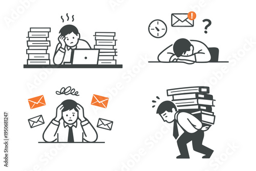 Work Stress and Burnout Icons Set with Overworked Employee, Deadlines, Emails and Fatigue Concept