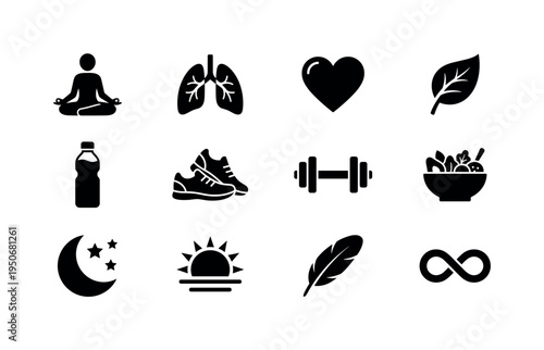 Blood sugar monitor, insulin pen, heart health apple icon, cholesterol test tube, blood pressure cuff, hydration droplet,