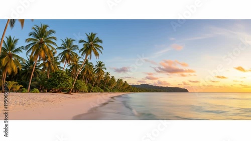 A serene beach scene at sunset with palm trees lining the shore and calm waters reflecting the vibrant colors of the sky