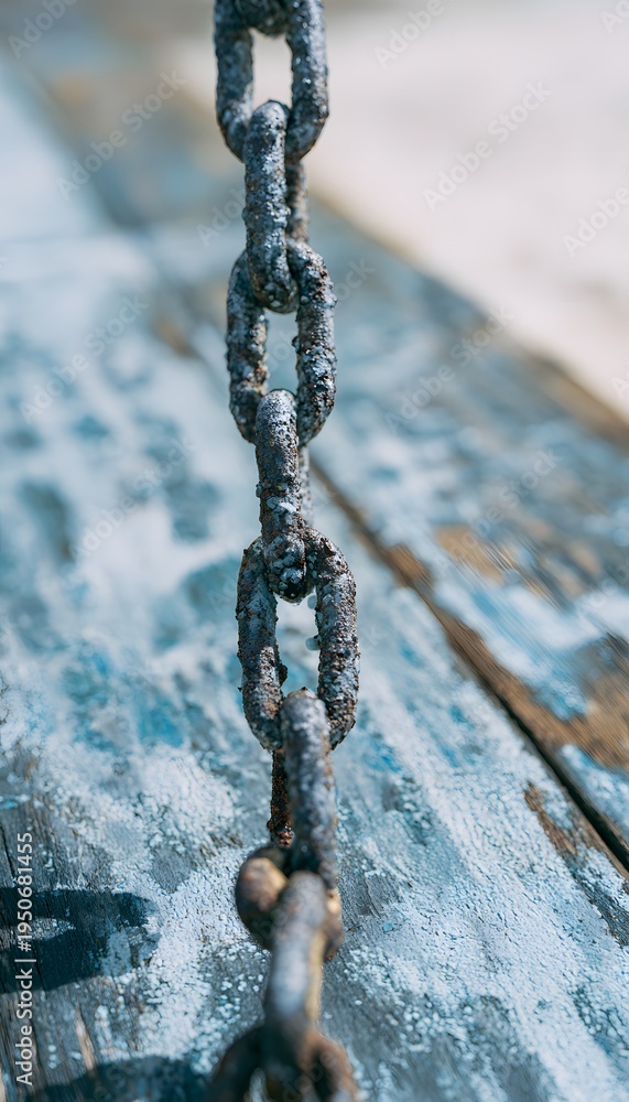 Fototapeta premium Aged pier detail reveals weathered textures of rust salt stains and a corroded chain link fence