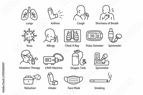 Respiratory Health Line Icons Set with Lungs, Asthma, Inhaler, Oxygen Therapy and Medical Equipment