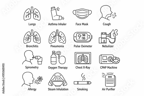 Respiratory Health Line Icons Set with Lungs, Asthma Inhaler, Oxygen Therapy and Medical Equipment
