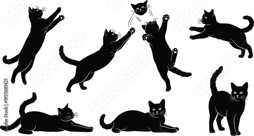 Black Cat Playing Silhouette Collection with Jumping Stretching Sitting and Relaxing Feline Pet Animal Shapes Halloween Style Vector Illustration Set