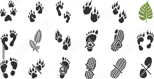 Animal Paw Prints and Human Footprints Tracker Icon Set with Forest Leaves Hiking Boot Marks Wildlife Tracking Symbol Collection Vector Illustration
