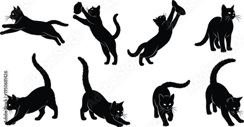 Black Cat Silhouette Pose Collection with Jumping Walking Stretching and Playing Feline Pet Animal Shapes Halloween Style Vector Illustration Set
