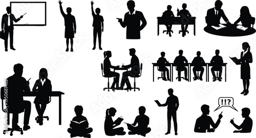 Business Meeting and Classroom People Silhouette Set with Teacher Students Discussion Presentation Teamwork and Communication Vector Illustration Collection