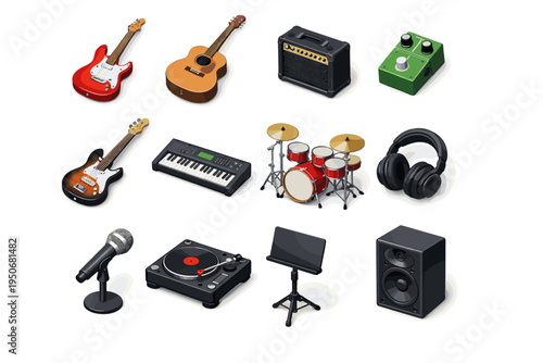 Music Instruments and Studio Equipment Icons Set with Guitars, Drums, Microphone and Audio Gear
