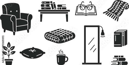 Cozy Reading Nook Home Interior Icon Set with Armchair Books Table Lamp Blanket Mirror Coffee Plant and Library Relaxation Vector Collection