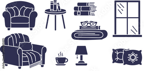 Cozy Reading Nook Silhouette Icon Set with Armchair Books Window Lamp Coffee Pillows and Home Library Relaxation Elements Vector Collection