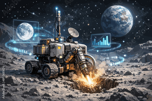 Autonomous Lunar Mining Rover Extracting Resources on Moon Surface with Futuristic Space Technology