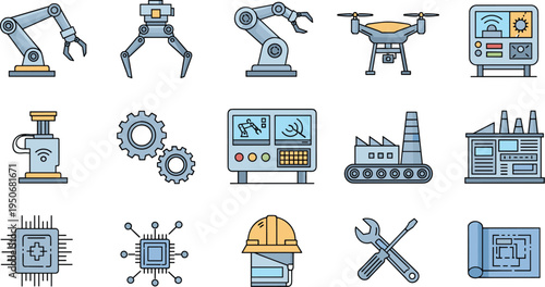 Industrial Automation and Robotics Technology Icon Set with Robot Arm Drone Factory Conveyor Gear Microchip Engineer Helmet and Smart Manufacturing Symbols