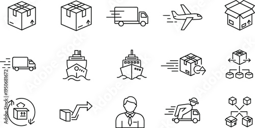 Logistics Shipping and Delivery Line Icon Set with Package Truck Airplane Cargo Ship Warehouse Distribution and Courier Service Symbols