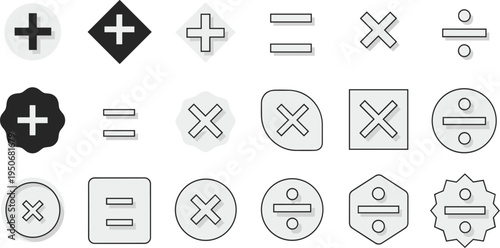 Mathematics Symbols Icon Set with Plus Minus Multiply Divide and Equal Signs Geometric Shape Variations Educational Math Vector Collection