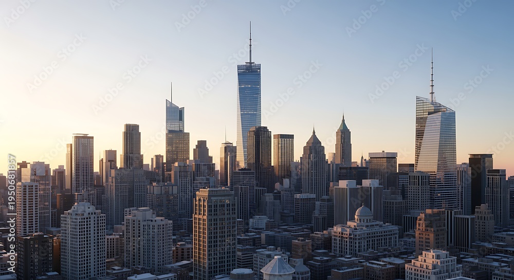 Obraz premium Modern City Skyline with Skyscrapers at Sunset in Downtown Urban Area