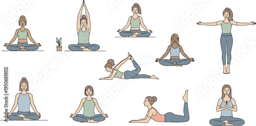 Woman Yoga Poses and Meditation Exercise Set with Female Character Practicing Stretching Relaxation and Fitness Training Isolated Vector Illustration Collection