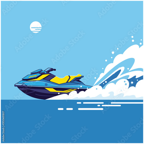 Jet ski speeding across a serene ocean under a bright moonlit sky