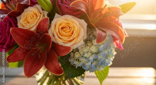 Vibrant floral bouquet featuring roses and lilies bathed in natural sunlight