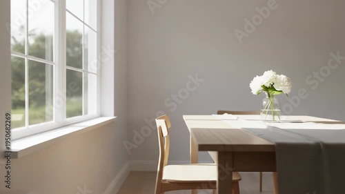 A serene dining room with a table set by a window overlooking greenery