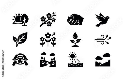 Icicles falling from roof icon, melting snowbank symbol, snowplow parked idle icon, winter tire removed icon, radiator switched