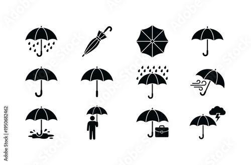 Open umbrella with falling raindrops icon, closed umbrella folded symbol, umbrella viewed from top icon, umbrella side profile