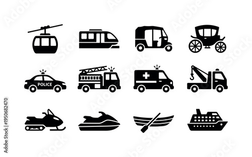 Freight locomotive engine, tanker truck vehicle, dump truck construction, cement mixer truck, tractor farm vehicle, forklift