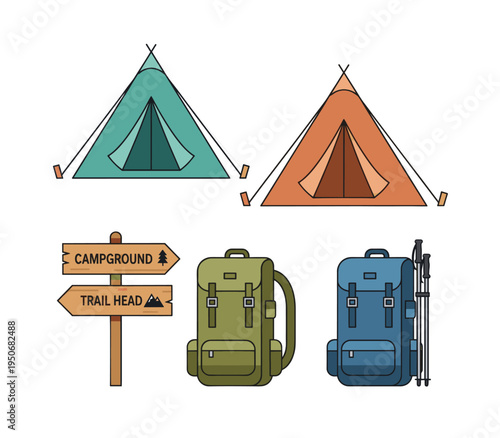 Outdoor adventure equipment including two colorful camping tents, hiking backpacks with trekking poles, and wooden directional signs