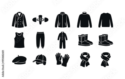 Double breasted coat icon, cropped winter jacket silhouette, oversized sweater icon, cable knit sweater symbol, winter blazer coat