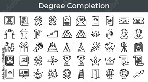 University completion symbols and academic recognition objects associated with finishing higher education illustrated as minimal