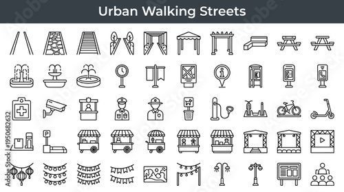 Urban walking environment infrastructure and car free street amenities illustrated as minimal outline icons representing safe