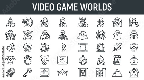 Virtual entertainment themes featuring digital play scenarios, heroic quests and interactive worlds illustrated as minimal outline