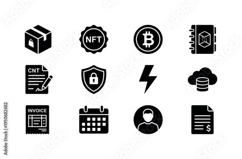 Virtual goods cube icon, NFT token badge symbol, cryptocurrency payment coin icon, blockchain ledger book symbol, digital contract