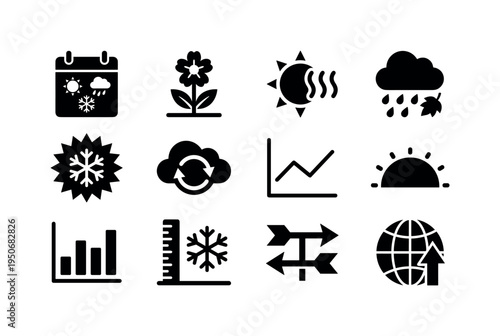 Yearly weather calendar icon, spring blossom forecast symbol, summer heat wave icon, autumn rain forecast symbol, winter frost