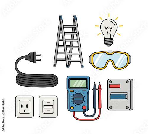 Essential electrician's tools and safety equipment including a multimeter, ladder, plug, outlet, lightbulb, and circuit breaker