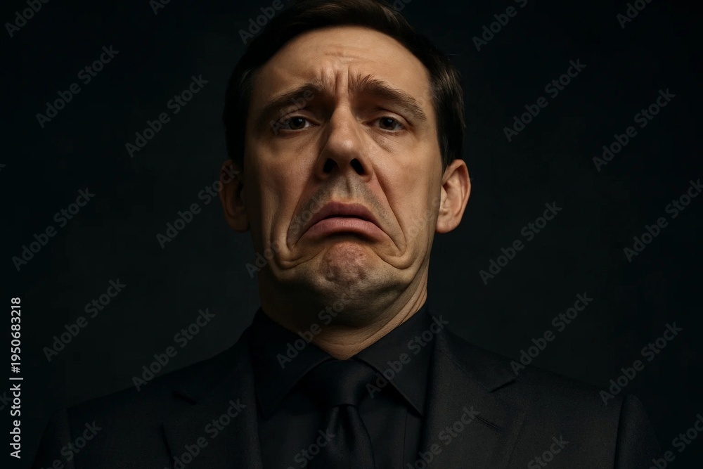 Fototapeta premium Young man in black suit making exaggerated sad face, humorous studio portrait expressing disappointment or disgust against dark background.