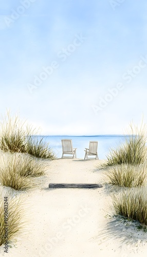 Tranquil watercolor beach illustration evokes summer relaxation near calm ocean waters