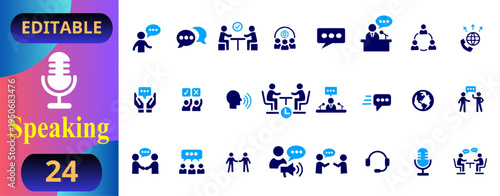 Speaking communication flat icons set. speaking, conversation, dialogue, discussion, meeting, teamwork, podcast, microphone, interview, presentation, speech bubble, global communication