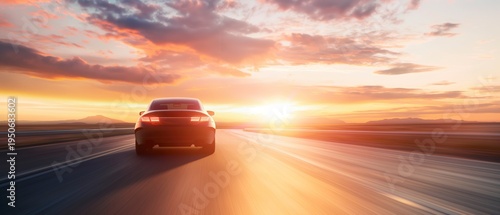 Modern car driving fast along open highway toward bright sunset horizon. Vehicle traveling on long road during scenic evening journey symbolizing transportation, freedom and adventure
