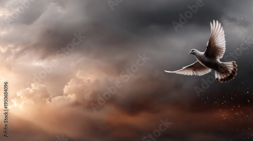 Dove flying against a dramatic sky with sun rays breaking through dark clouds, symbolizing Holy Spirit, peace, and spiritual freedom above a cross and calm water. Pentecost