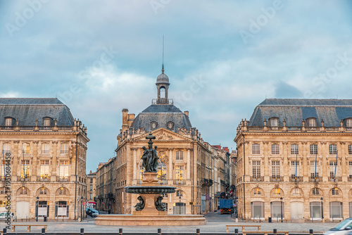 Canvas Print Place de la Bourse and Three Graces fountain historic square with classical architecture in Bordeaux city center at sunrise, Gironde, Nouvelle-Aquitaine, France