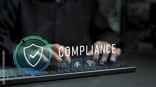 Business compliance concept. Person typing keyboard with regulation and policy icons, corporate governance, risk management and regulatory compliance.
