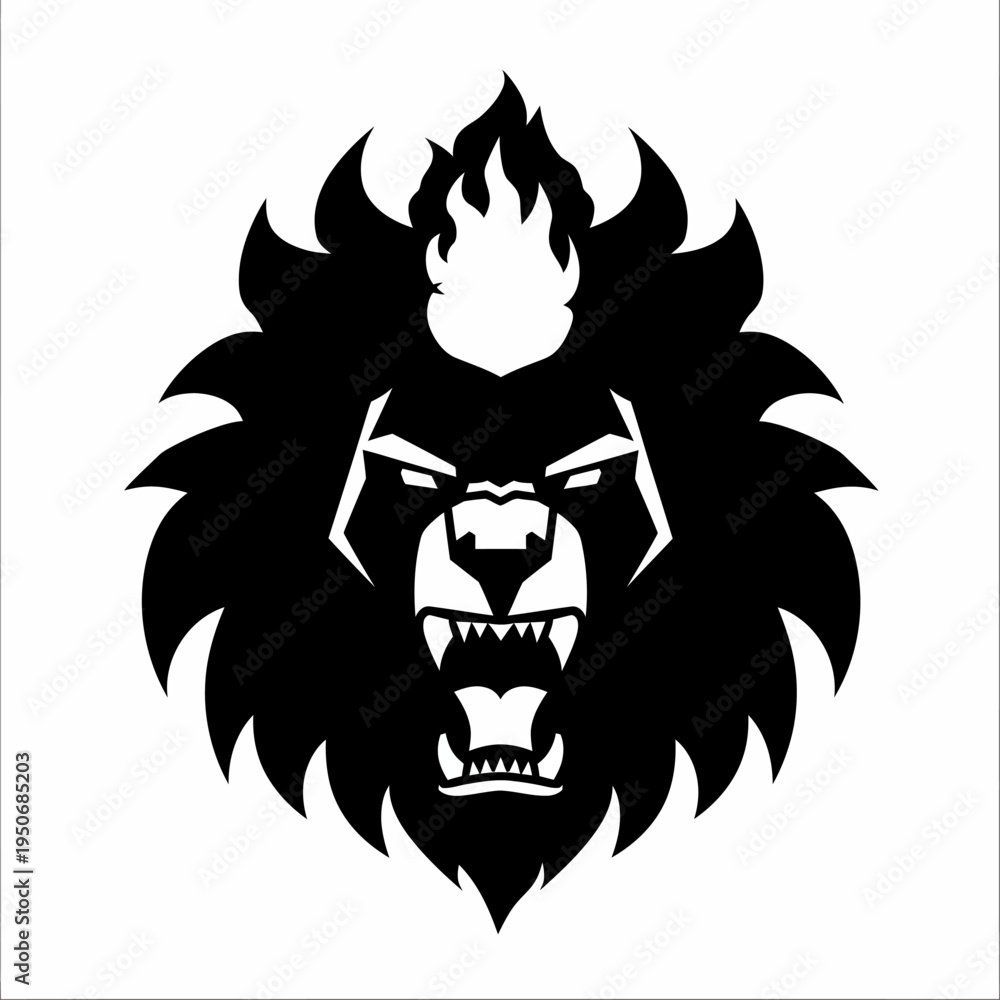 Fototapeta premium Bold black lion head with fiery mane logo design on white background